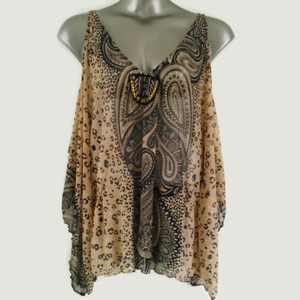 Animal paisley cold shoulder mesh tank